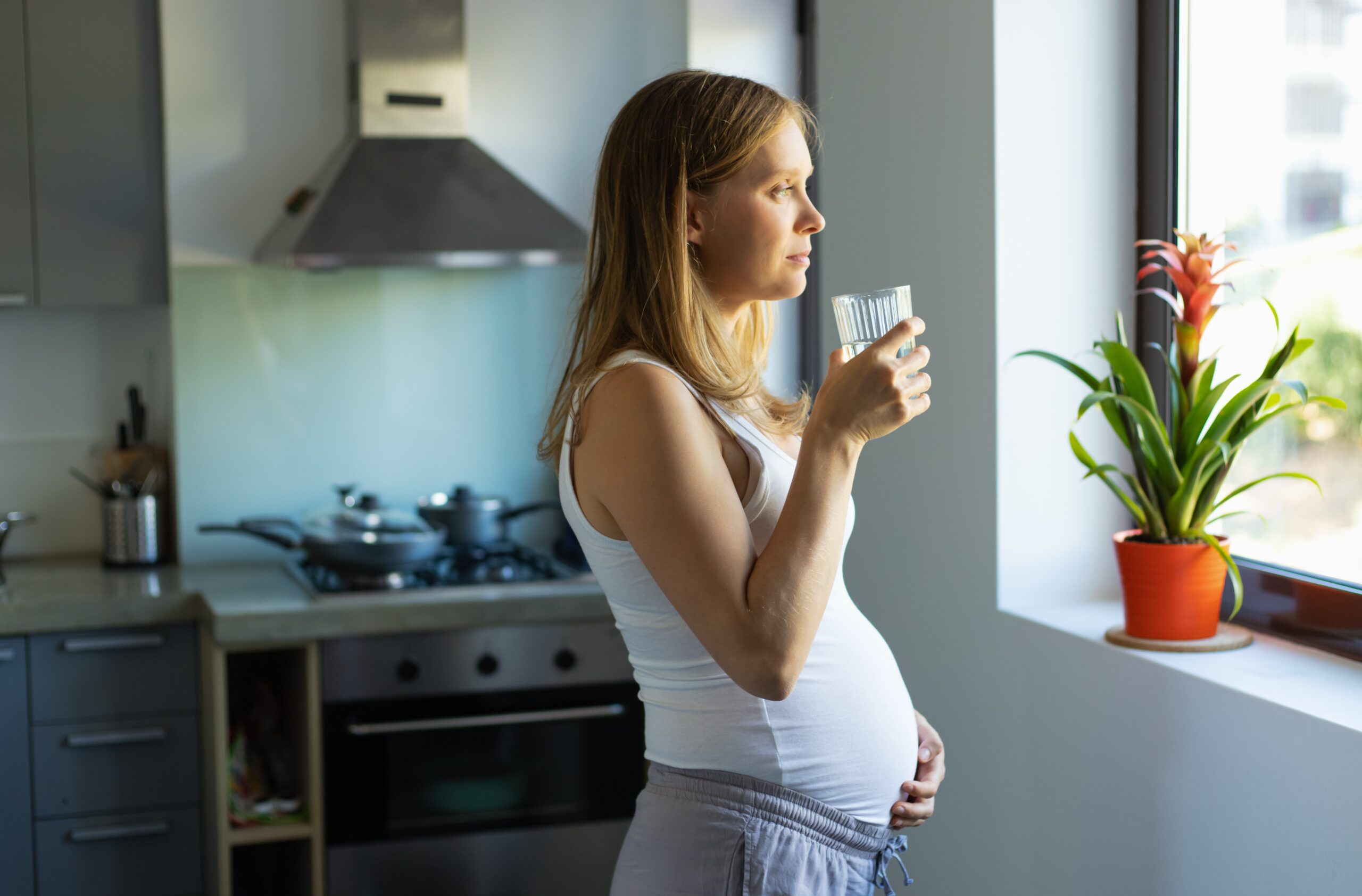 Expectant mother standing in kitchen with a glass of water, looking out of window