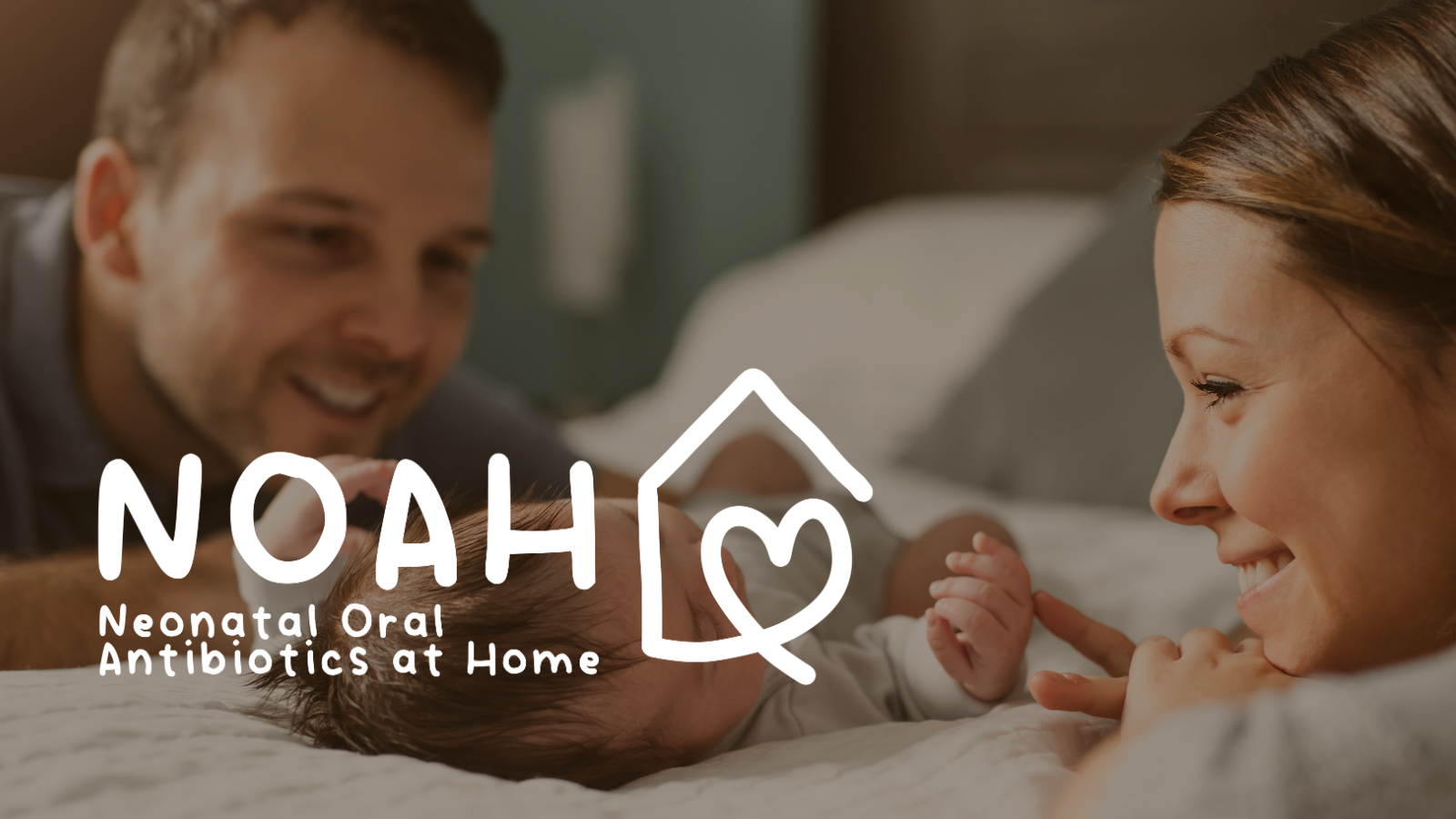 NOAH logo overlaying a photo of two new parents with their baby