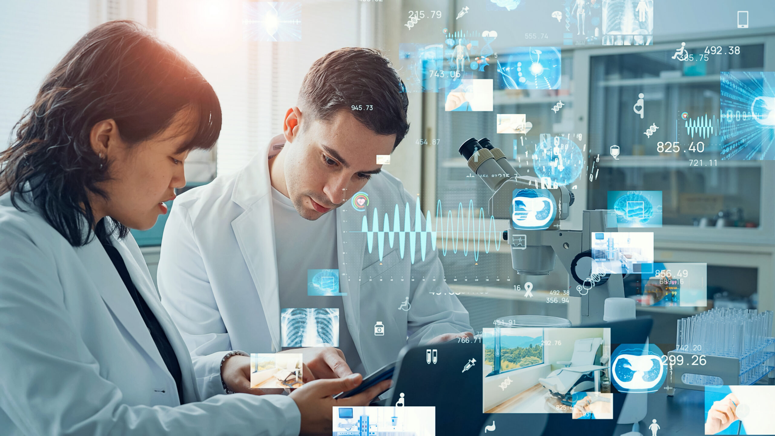Group of scientists conducting an experiment and medical technology concept