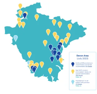 Illustrated map of Devon depicting July 2023 FaME class locations