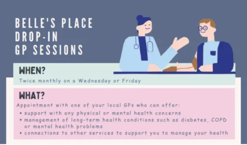 Illustrated poster snippet reads: BELLE'S PLACE DROP-IN
GP SESSIONS
WHEN?
Twice monthly on a Wednesday or Friday
WHAT?
Appointment with one of your local GPs who can offer:
• support with any physical or mental health concerns
• management of long-term health conditions such as diabetes, COPD or mental health problems
• connections to other services to support you to manage your health