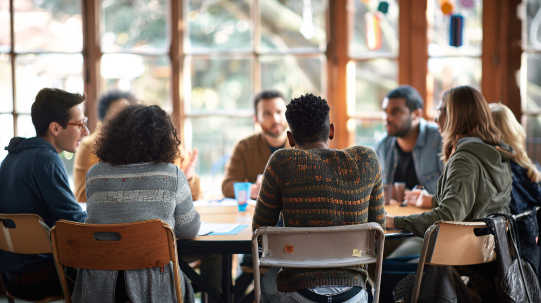 A diverse group of people sit talking at a table as part of a pain cafe