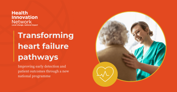 Image on an orange background showing a clinician supporting an elderly lady