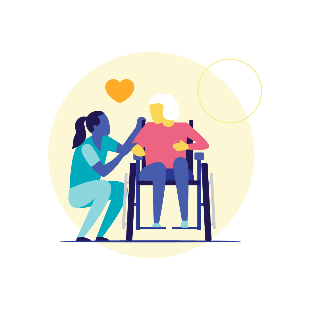 Illustration of older woman and care home employee